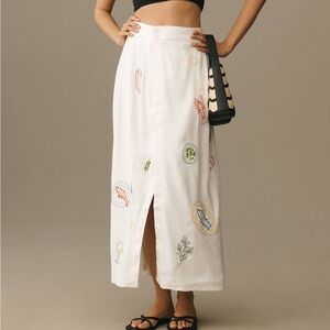 Anthropologie White Midi Skirt with Multicolor Embroidery